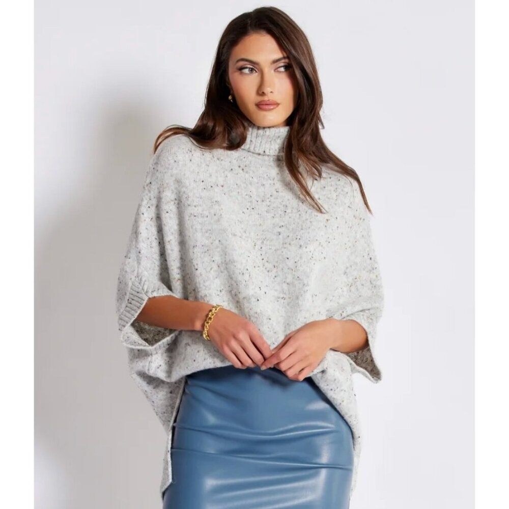 New Bishop + Young SOFT Speckled Gray Knit Poncho Sweater Turtleneck Small